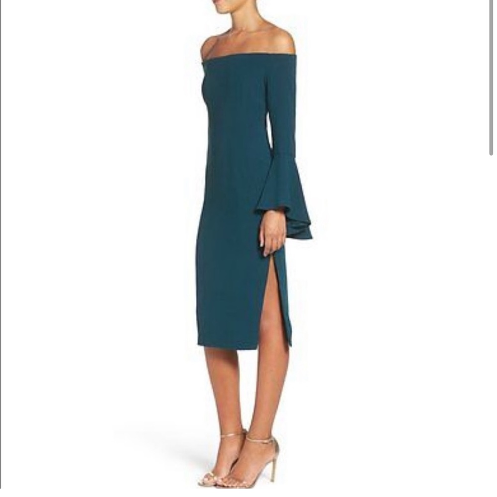 Bardot Teal Off The Shoulder Long Bell Sleeve Dress - Picture 2 of 11